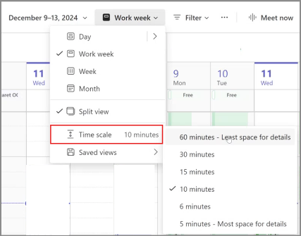 Screenshot showing time scales in the new Teams calendar