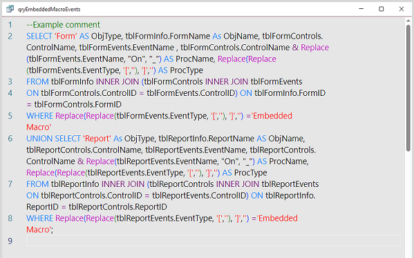 An Access SQL query view in the Monaco Editor.
