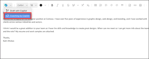 Menu option for Coaching by Copilot in Outlook for Mac