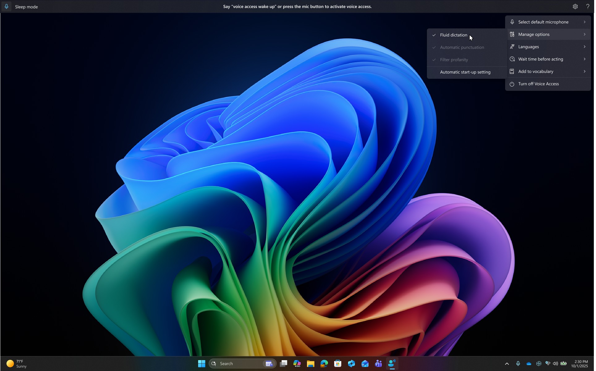 Windows desktop with the voice access toolbar open. The voice access menu is expanded, showing options including Fluid dictation, Automatic punctuation, Filter profanity, Automatic start-up setting, Select default microphone, Manage options, Languages, Wait time before acting, Add to vocabulary, and Turn off voice access.