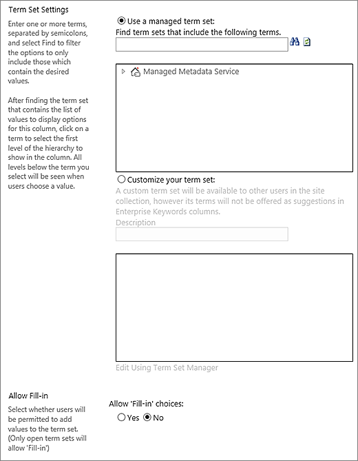 Choices for the Managed Metadata column