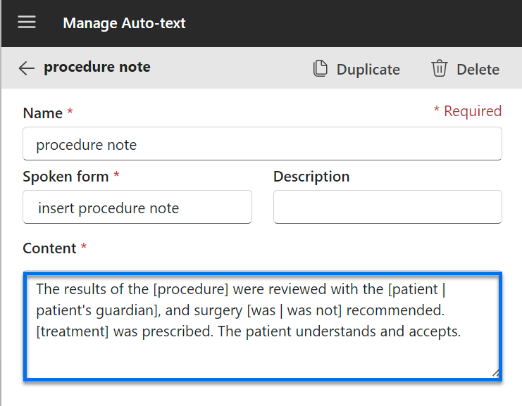 Manage Auto-texts dialog with an "insert procedure note" Auto-text showing variable fields