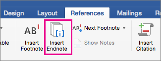 On the References tab, the Endnote button is highlighted