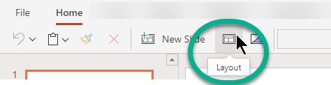 The Layout button on the Home tab in PowerPoint for the web.