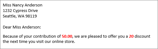 Mail merge document that reads "your contribution of 50.00" and "offer you a 20 discount."