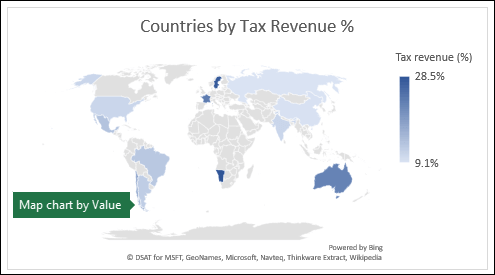 Excel map chart displaying values with Countries by Tax Revenue %