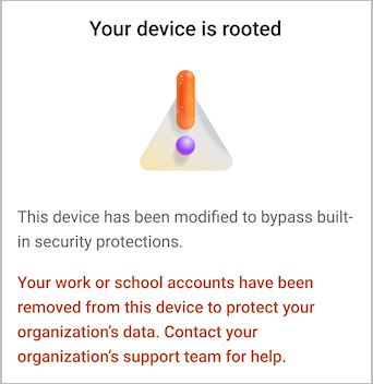 A screenshot showing a "device is rooted" warning message in Microsoft Authenticator.