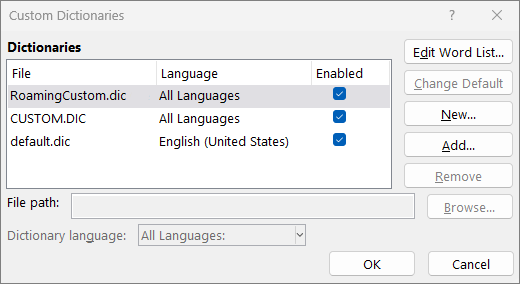 Custom dictionary dialog box