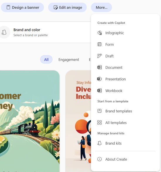 screenshot of UI for selecting More then Branding kits in Microsoft 365 Copilot app