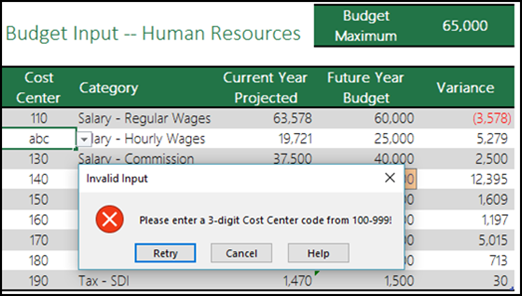 Example of an invalid input message