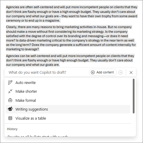 Writing suggestions option in Copilot in Word