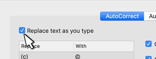 Outlook for Mac replace text as you type checkbox
