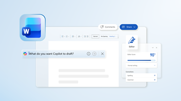 Microsoft Word application UI featuring a Microsoft 365 Copilot Chat prompt and the Editor tool.