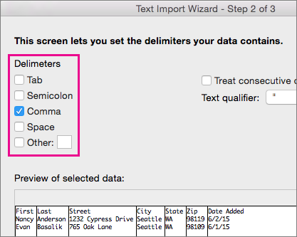 Step 2 of the Text Import Wizard