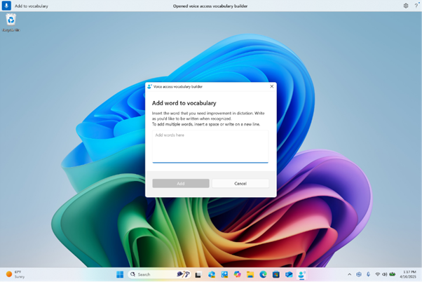 Voice access vocabulary builder dialog for adding your own words to the dictionary.