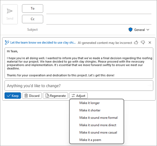 Shows the Outlook Classic mail page, with a Copilot draft, and the "Adjust" options displayed.
