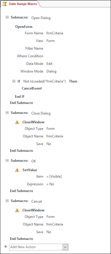 Screenshot of an Access macro with four submacros and actions.
