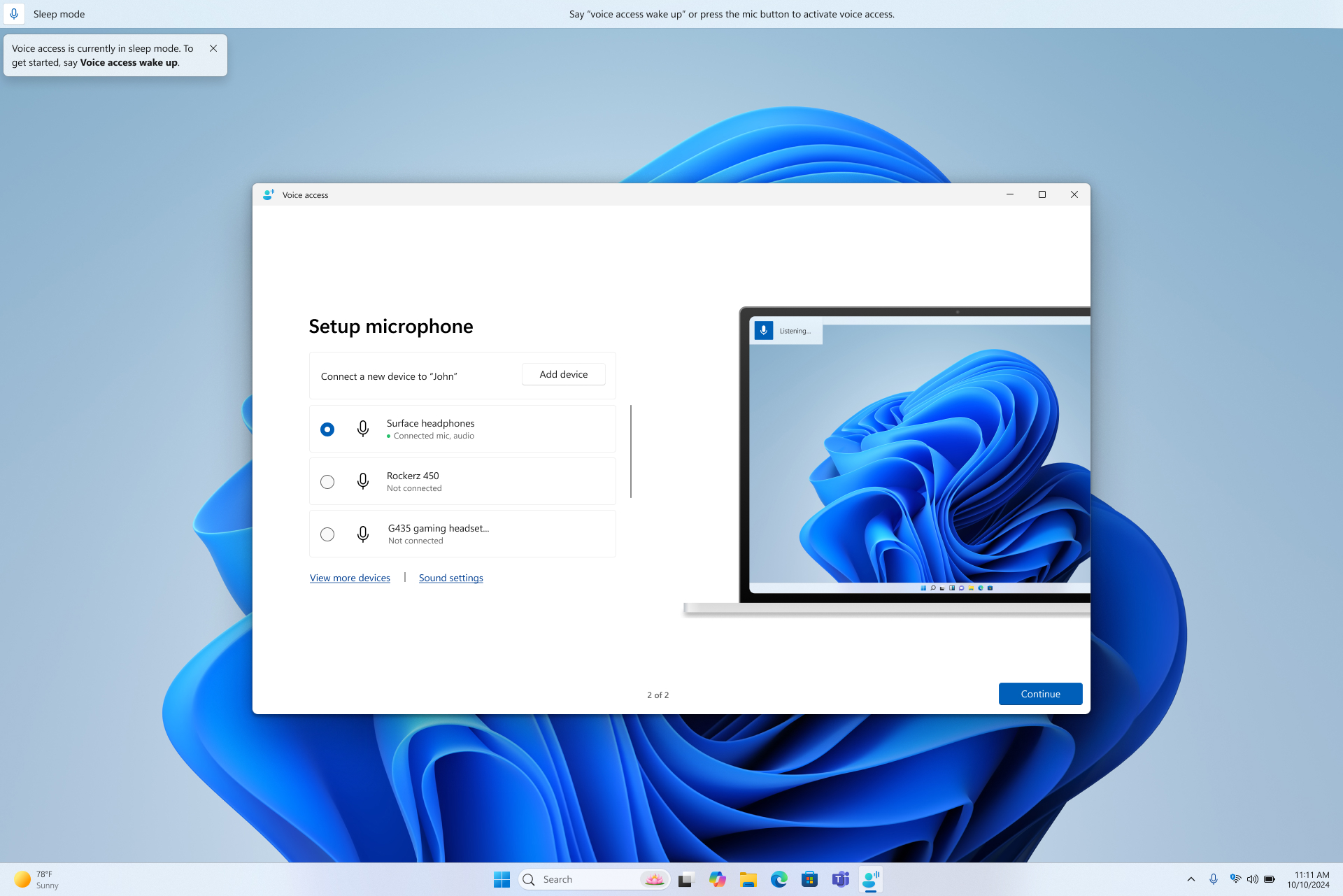 Voice access microphone setup screen showing available devices and Continue button.