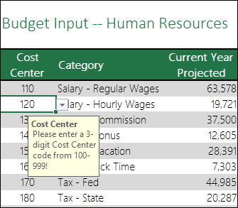 An input message displays when users select the cell