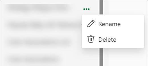 The Copilot chat history with the more options button selected and the "Rename or Delete" menu displayed.