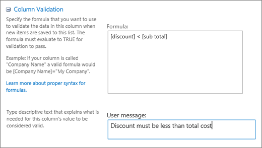 Column validation dialog with fields filled in with sample data