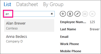 Using the search box in list view