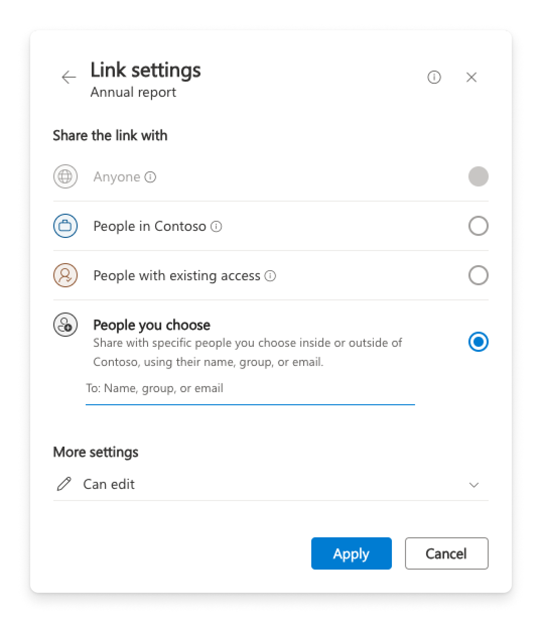 Link settings with the People you choose option selected.