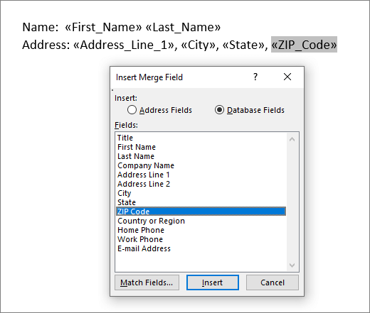 Insert merge fields menu