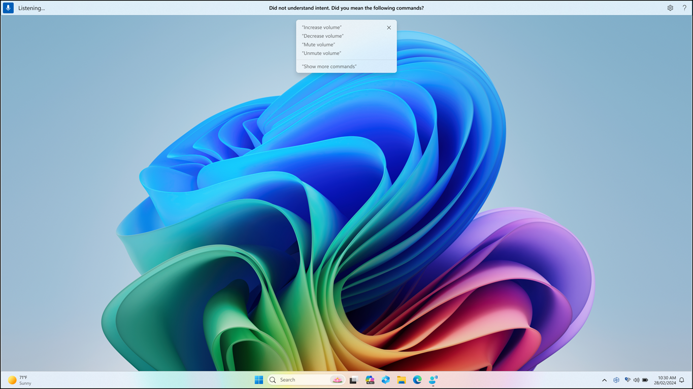 Command Suggestions to increase volume, decrease volume, mute volume, or unmute volume.