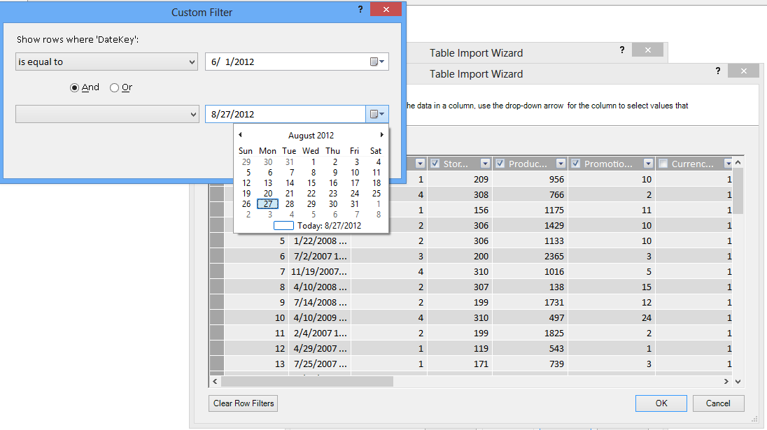 Filter pane in the Table Import wizard