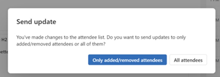 Screenshot shows send update to added removed attendees