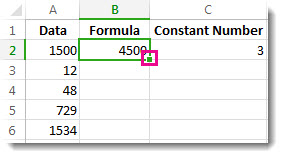 A square green box in the lower right corner of cell B2