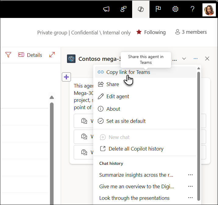 Screenshot of Copy link to share in Teams