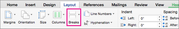 Click Breaks to select a type of page break to insert at the current cursor position.
