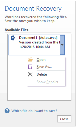 Document Recovery pane