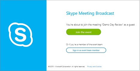 SkypeCast event sign-in page for anonymous meeting