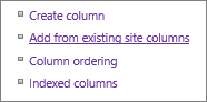 Closeup of Add existing column link in Settings page