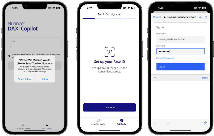 On left, Notification approval screen. In middle,  Face ID setup screen. On right, DAX Copilot login screen with Username and Password fields filled in.