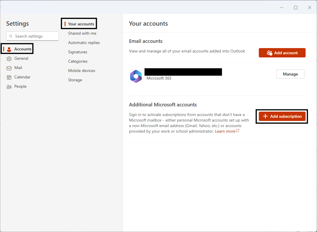 Add additional Microsoft accounts on the Accounts > Your accounts settings page