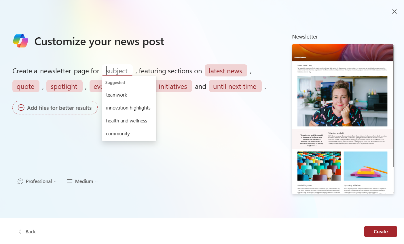 screenshot of CREATE template prompts