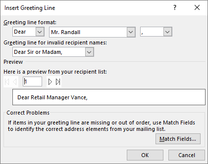 Greeting line dialog