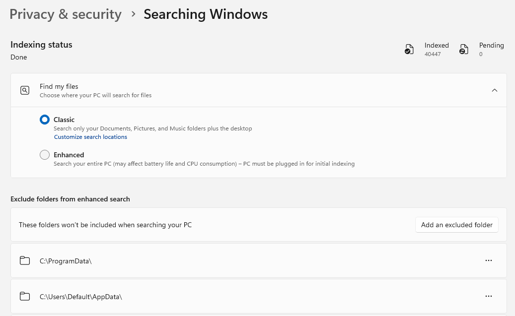 Screenshot of settings for Windows Search