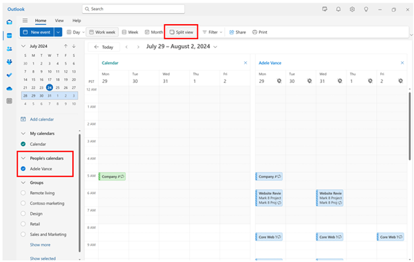Screenshot showing Outlook split view showing two calendars side-by-side.