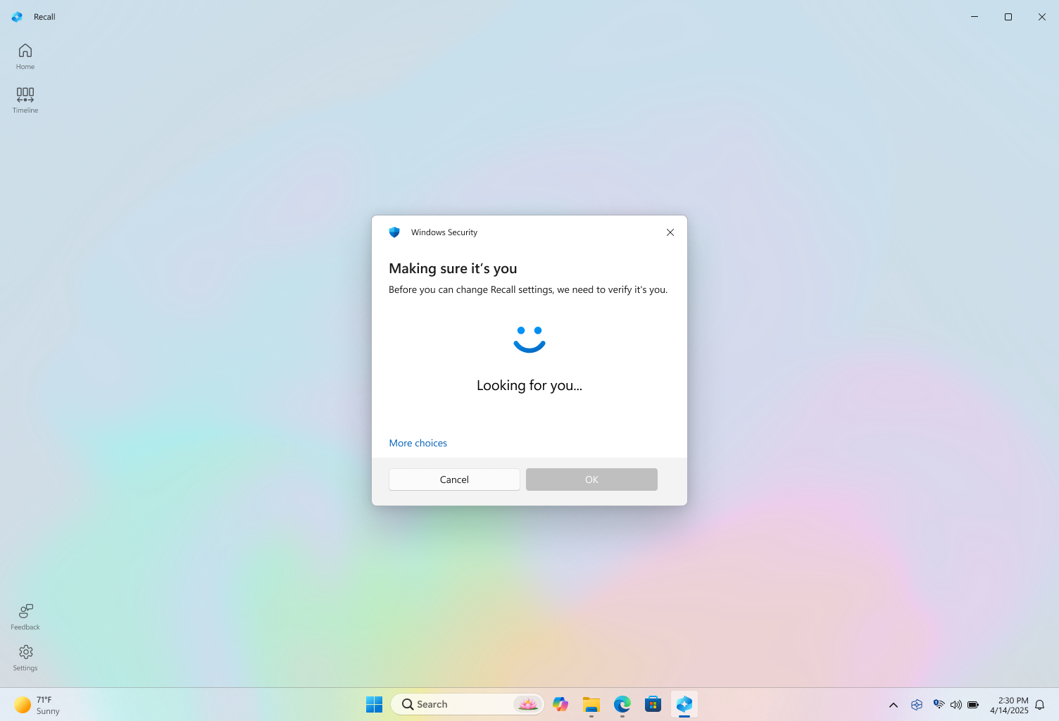 Screenshot of authenticating to Recall with Windows Hello