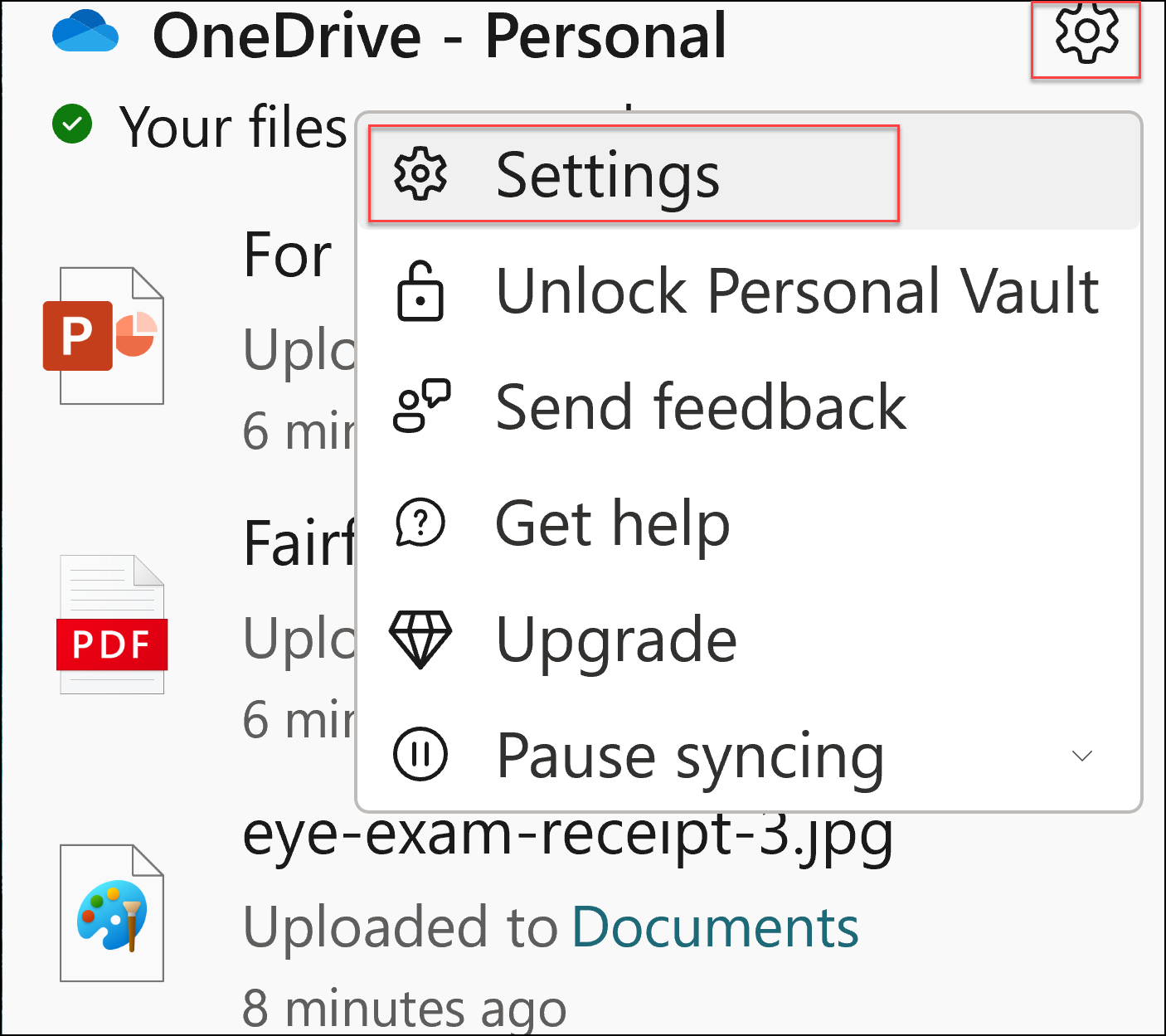 screenshot of oneDrive settings