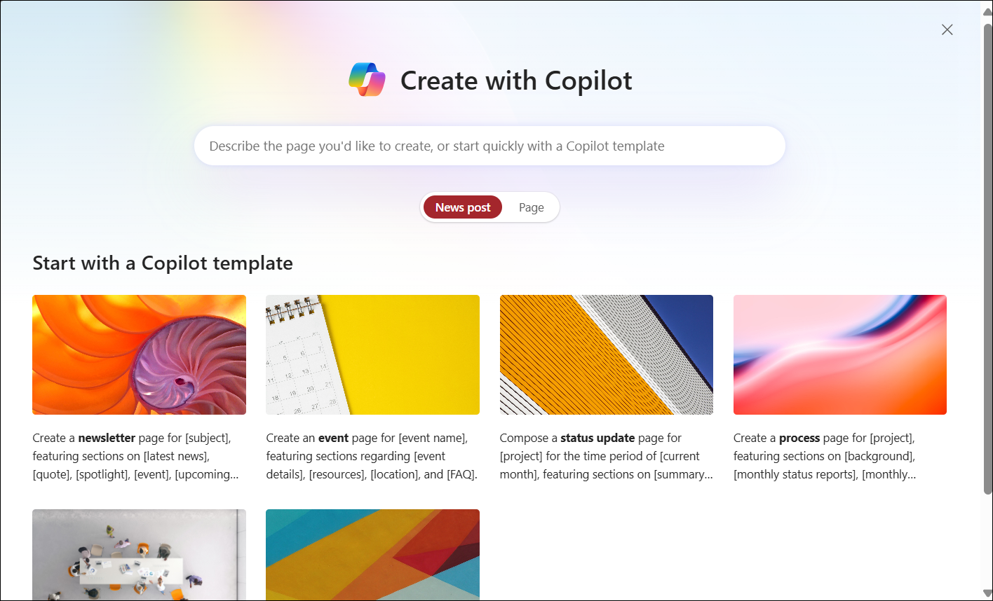 screenshot of Creating pages with Copilot