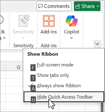 Keyboard command to hide the Quick Access Toolbar