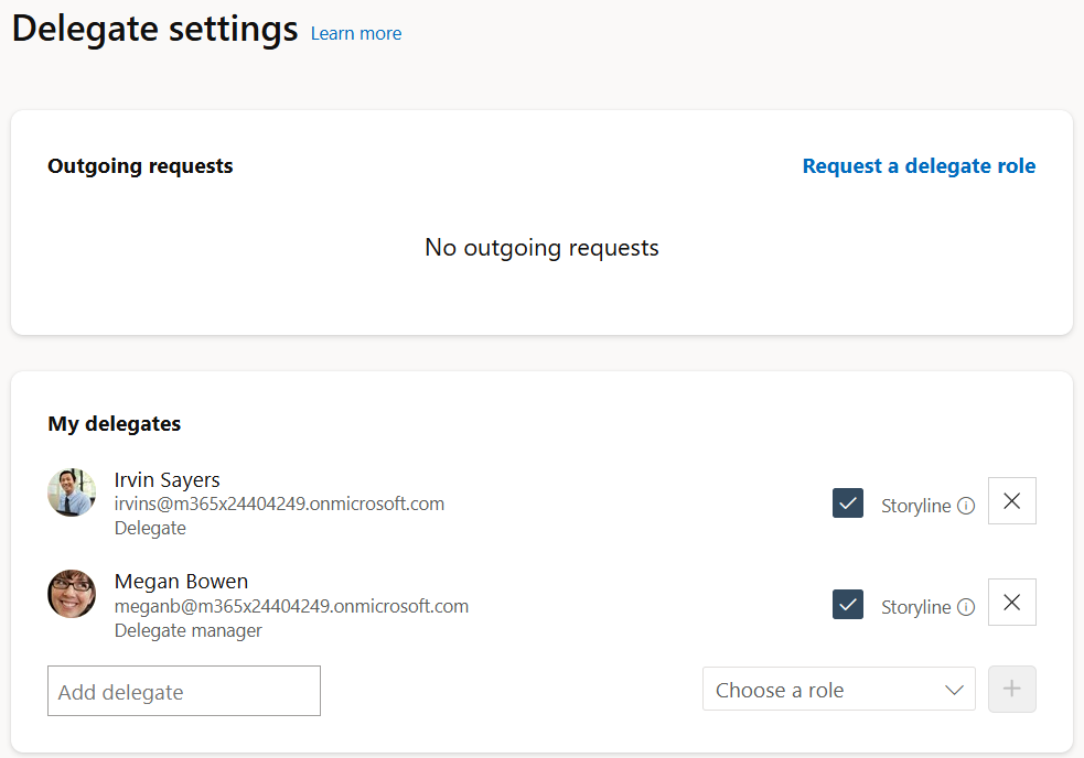 Page displaying the option to request a delegate role