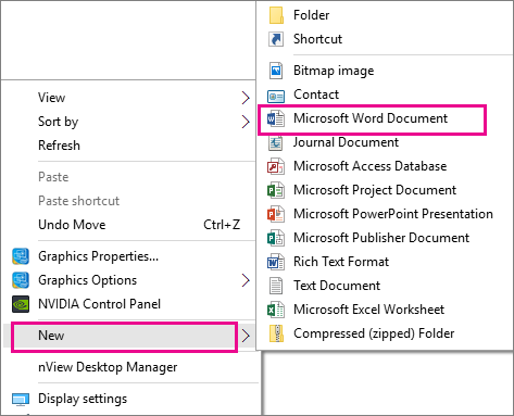 From desktop, select New and then select application for document you want to create.