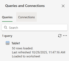 The Queries and Connections pane showing a single query and the results.